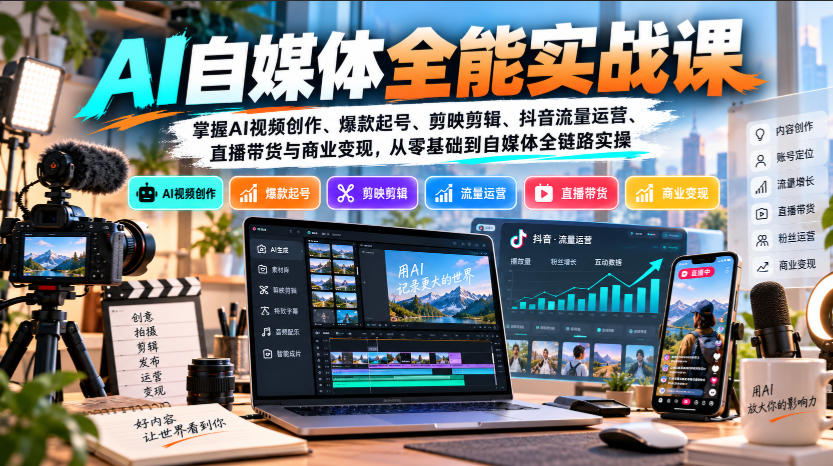 【无水印】AI自媒体全能实战课,掌握AI视频创作、爆款起号、剪映剪辑、抖音流量运营、直播带货与商业变现,从零基础到自媒体全链路实操-云创网:网创终点站