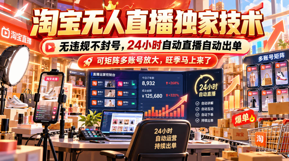 淘宝无人直播独家技术,无违规不封号,24小时自动直播自动出单,可矩阵多账号放大,旺季马上来了【揭秘】-云创网:网创终点站