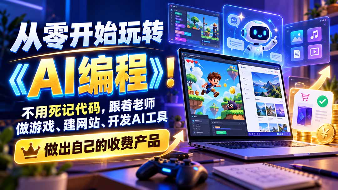 从零开始玩转《AI编程》！不用死记代码，跟着老师做游戏、建网站、开发AI工具，最后完成自己的收费产品-云创网:网创终点站