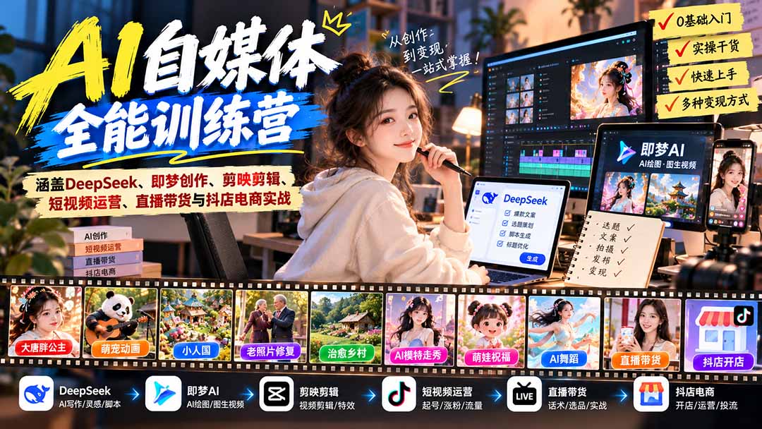 【无水印】AI+自媒体全能训练营：涵盖DeepSeek、即梦创作、剪映剪辑、短视频运营、直播带货与抖店电商实战-云创网:网创终点站