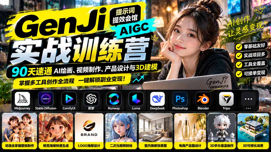 GenJi AIGC实战训练营:90天速通AI绘画、视频制作、产品设计与3D建模,掌握多工具创作全流程-云创网:网创终点站