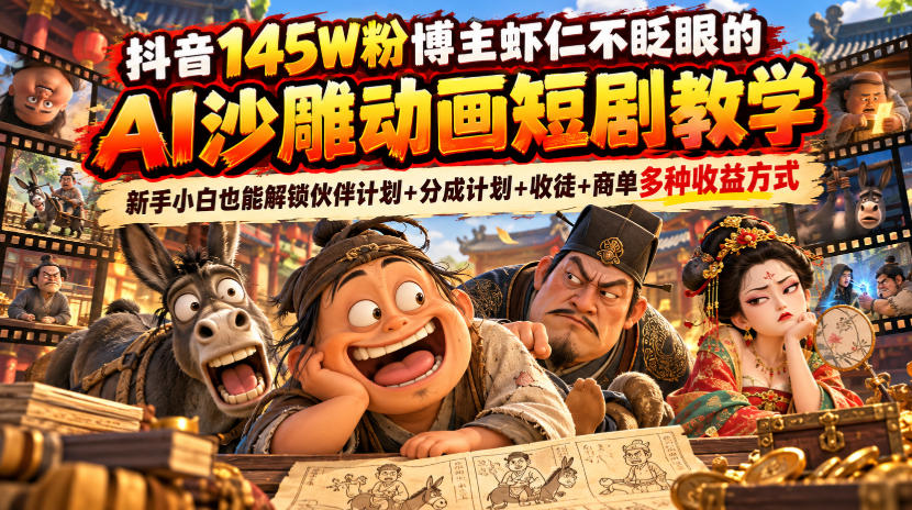 抖音145W粉博主虾仁不眨眼的AI沙雕动画短剧教学，新手小白也能解锁伙伴计划+分成计划+收徒+商单多种收益方式-云创网:网创终点站