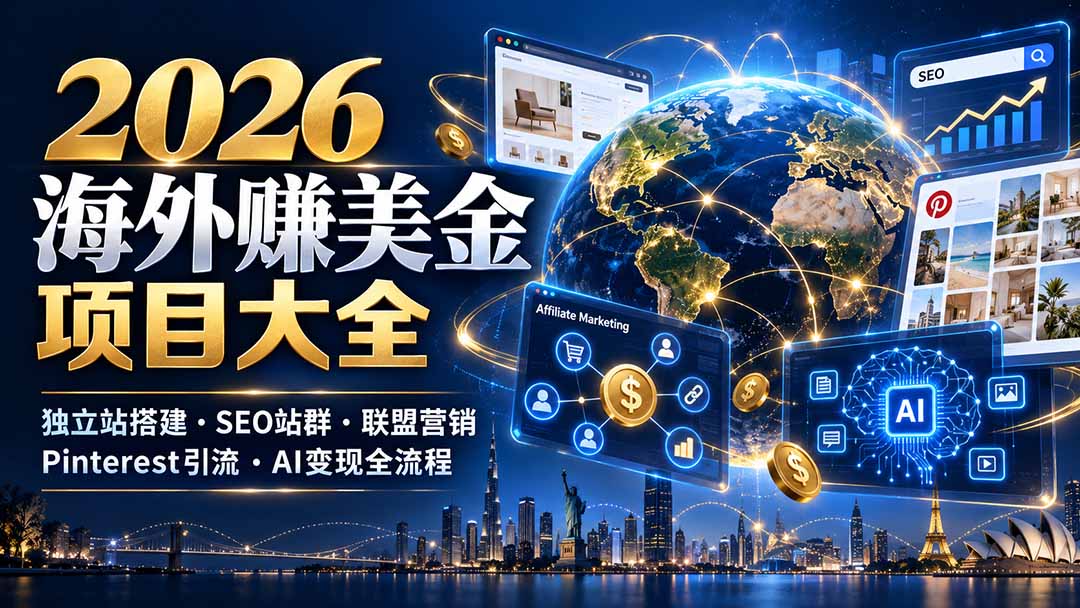 2026海外赚美金项目大全：独立站搭建、SEO站群、联盟营销、Pinterest引流与AI变现全流程-云创网:网创终点站