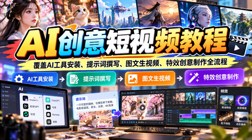 AI创意短视频教程,覆盖AI工具安装、提示词撰写、图文生视频、特效创意制作全流程-云创网:网创终点站