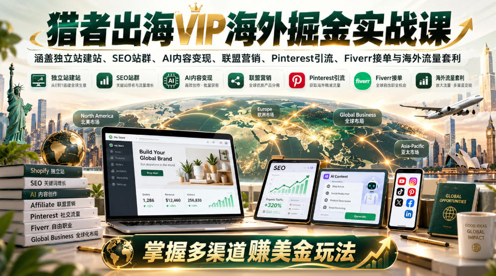 猎者出海VIP海外掘金实战课：涵盖独立站、SEO站群、AI变现、联盟营销、Pinterest引流、Fiverr接单与海外流量套利，掌握多渠道賺美金玩法-云创网:网创终点站