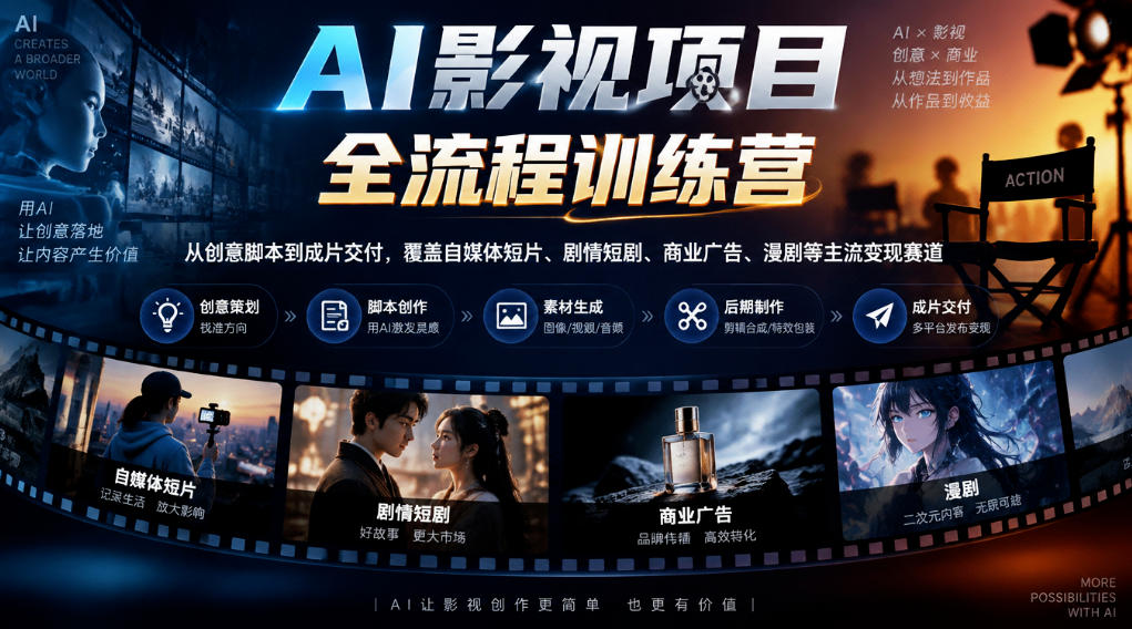 AI影视项目全流程训练营,从创意脚本到成片交付,覆盖自媒体短片、剧情短剧、商业广告、漫剧等主流变现赛道-云创网:网创终点站