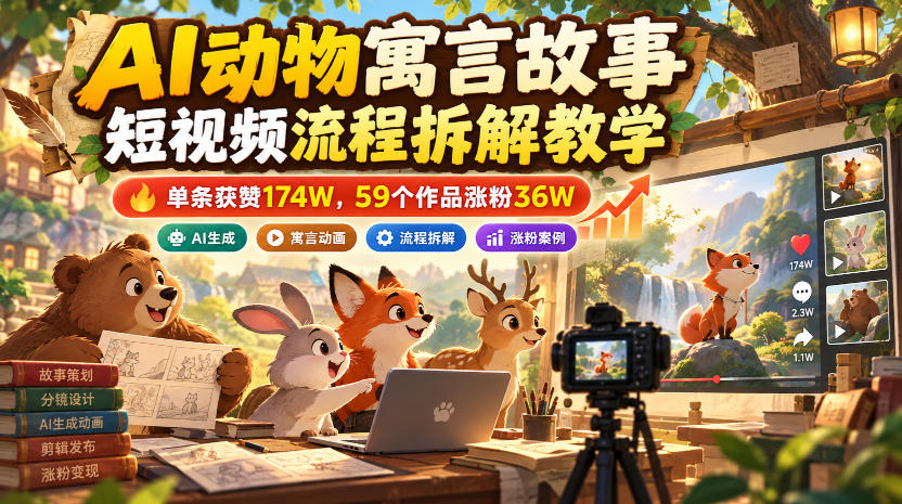 AI动物寓言故事短视频流程拆解教学，单条获赞174W，59个作品涨粉36W-云创网:网创终点站