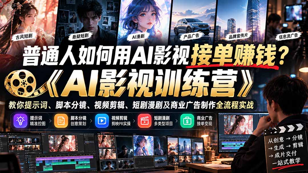 普通人如何用AI影视接单赚钱?《AI影视训练营》教你提示词、脚本分镜、视频剪辑、短剧漫剧及商业广告制作全流程实战-云创网:网创终点站