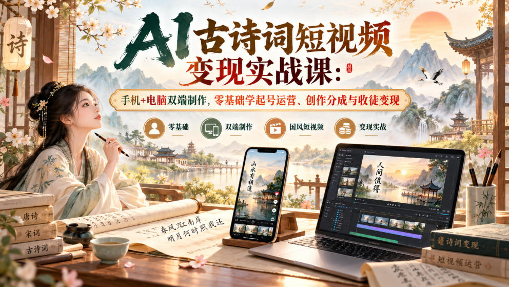AI古诗词短视频变现实战课:手机+电脑双端制作,零基础学起号运营、创作分成与收徒变现-云创网:网创终点站