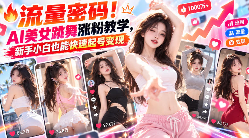 流量密码!AI美女跳舞涨粉教学,新手小白也能快速起号变现-云创网:网创终点站